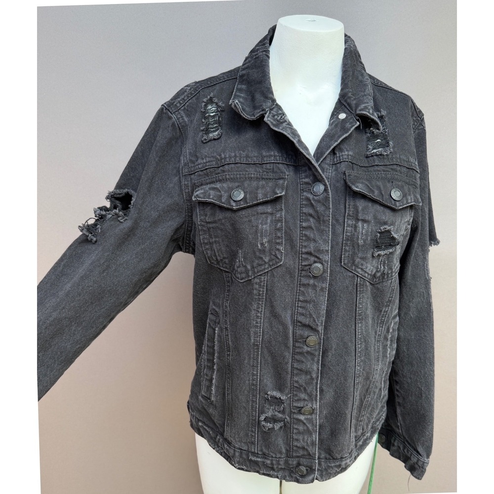Wax Jean Black Distressed Denim Jacket Large Heavy Ripped Punk Rock Trucker Coat